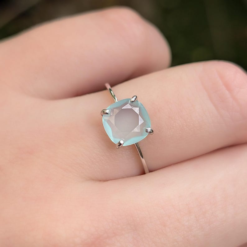 ring, light blue green sea glass, square stone, silver, yellow gold, rose gold