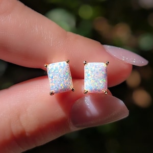 Emerald Cut Opal Stud Earrings: 6x8 rectangle fire opal Silver, Yellow Opal earrings