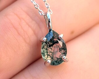 Teardrop Moss Agate Necklace, Sterling Silver and Yellow Gold, Natural Gemstone Pendant