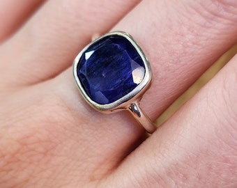 Large raw Sapphire bezel ring, natural square navy Sapphire ring, deep blue Sapphire solitaire ring, large bezel blue sapphire square  ring