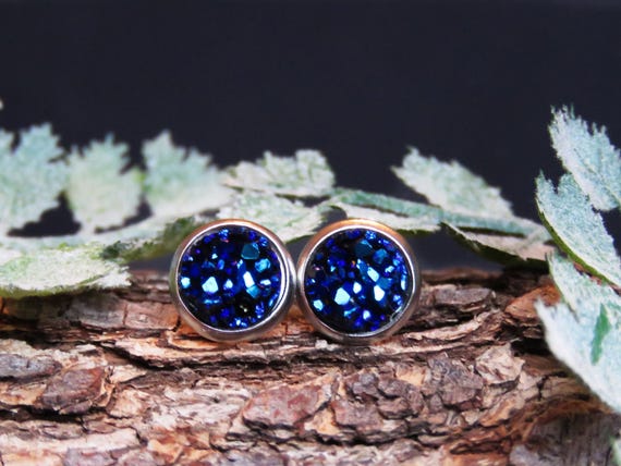 Dainty Deep Blue Druzy Earrings, Blue Druzy Studs, Dark Blue