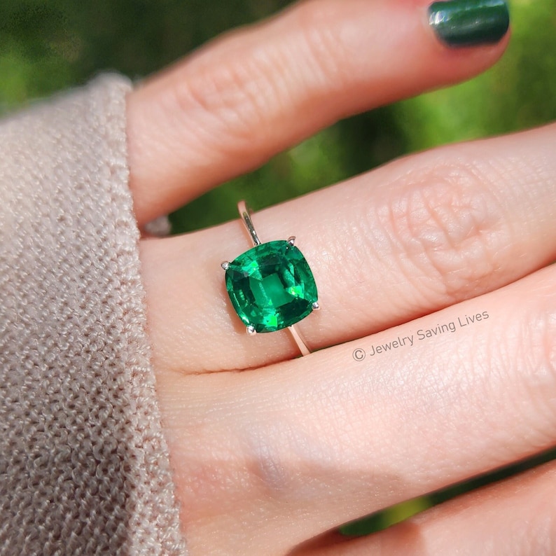 Brilliant cut emerald ring, lab emerald engagement ring, vintage emerald ring, May emerald birthstone ring, unique emerald birthstone ring image 1