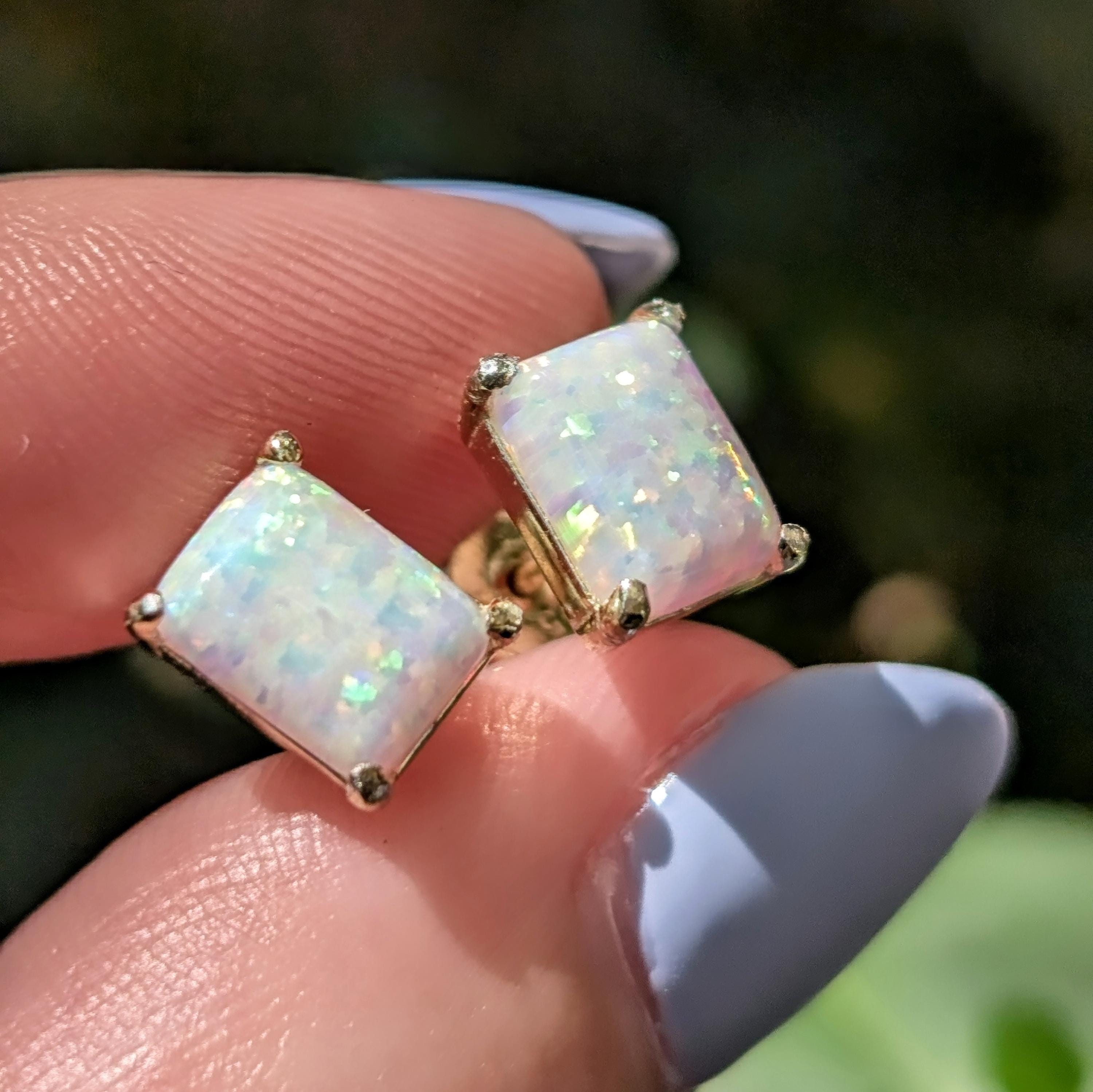 Emerald Cut Opal Stud Earrings: 6x8 Rectangle Fire Opal Silver, Yellow ...