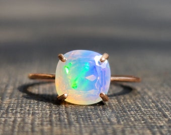Fire Welo White Opal Ring, double band opal square ring, opal ring rose gold, white opal ring, natural opal ring, colorful opal ring