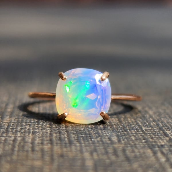 Fire Welo White Opal Ring, single band opal square ring, opal ring rose gold, white opal ring, natural opal ring, colorful opal ring