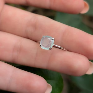 ring, light blue green sea glass, square stone, silver, yellow gold, rose gold