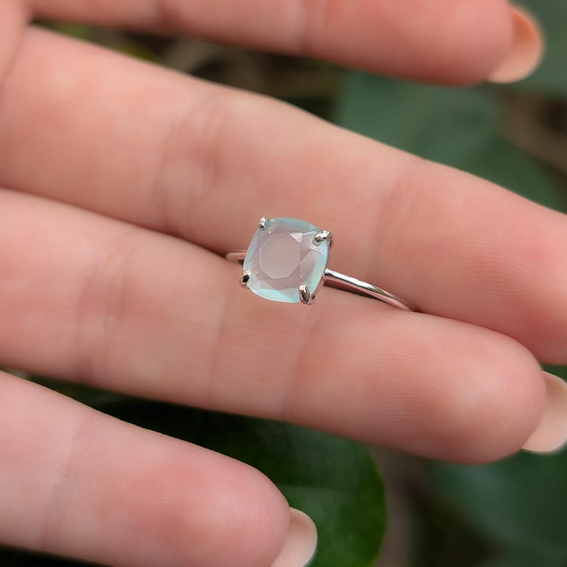 ring, light blue green sea glass, square stone, silver, yellow gold, rose gold