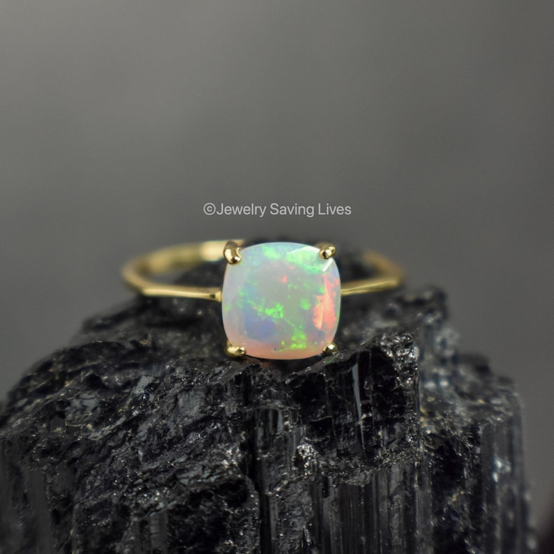 ring, rainbow iridescent fire welo opal, square stone, silver, yellow gold, rose gold