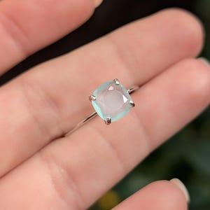 ring, light blue green sea glass, square stone, silver, yellow gold, rose gold