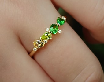 Peridot Ombre Cluster Band, cluster forest green ring, genuine 4 stone peridot ring with teardrops and ovals, unique forest ring- The Legacy