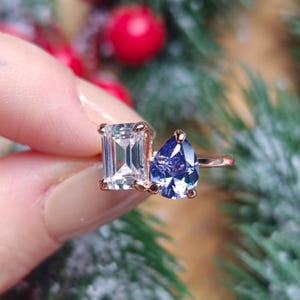 ring, aurora, toi et moi, custom, two stone, emerald cut and teardrop, genuine gemstone red garnet, purple amethyst, light blue aquamarine, clear quartz, opal, green emerald, multicolor alexandrite, rainbow topaz, pink ruby, light green peridot, blue sapphire, pink tourmaline, orange citrine, blue-purple tanzanite, sunstone, smokey quartz, onyx, moss agate, rutilated quartz, in silver yellow gold rose gold 14k solid gold