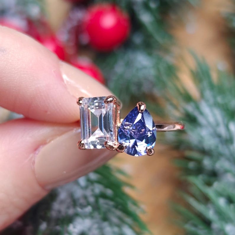 ring, aurora, toi et moi, custom, two stone, emerald cut and teardrop, genuine gemstone red garnet, purple amethyst, light blue aquamarine, clear quartz, opal, green emerald, multicolor alexandrite, rainbow topaz, pink ruby, light green peridot, blue sapphire, pink tourmaline, orange citrine, blue-purple tanzanite, sunstone, smokey quartz, onyx, moss agate, rutilated quartz, in silver yellow gold rose gold 14k solid gold