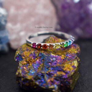 Rainbow Pride Eternity Band, natural gemstone LGBTQ half eternity band, rainbow band ring, pride accessories image 5