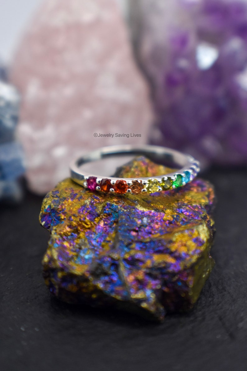 Rainbow Pride Eternity Band, natural gemstone LGBTQ half eternity band, rainbow band ring, pride accessories image 5