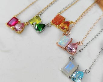 Toi Et Moi Custom Two Stone Necklace for daily wear, family tree dual birthstone necklace in silver, yellow gold, rose gold,