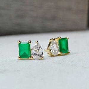 earring studs, aurora, toi et moi, custom, two stone, pushback earrings, emerald cut and teardrop, genuine gemstone red garnet, purple amethyst, light blue aquamarine, clear quartz, opal, green emerald, multicolor alexandrite, rainbow topaz, pink ruby, light green peridot, blue sapphire, pink tourmaline, orange citrine, blue-purple tanzanite, sunstone, smokey quartz, onyx, moss agate, rutilated quartz, in silver yellow gold rose gold 14k solid gold