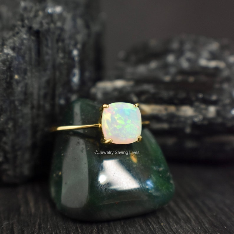 ring, rainbow iridescent fire welo opal, square stone, silver, yellow gold, rose gold