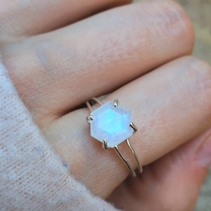 Hexagon Moonstone Ring, hexagon gemstone ring, hexagon engagement ring, blue moonstone ring, hexagon ring, double band ring, rings, raw