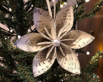 Music ornament, paper flower ornament, hymnal paper ornament, origami paper ornament, book page ornament