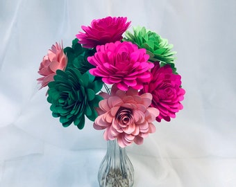 Colorful paper flowers, bright floral decor, stemmed flowers, home decor, paper flowers, pink and green flower bouquet