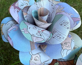 Children’s storybook roses set of 6. Book page roses ready to ship. Paper flowers with cats, kittens