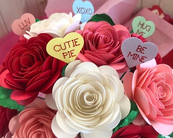 Conversation hearts flower bouquet, Valentine paper flower bouquet