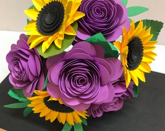 Bouquet de fleurs en papier : composition tournesol et rose pourpre