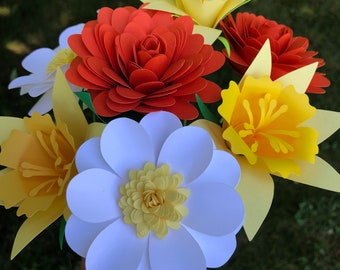 Bouquet de fleurs en papier : jonquilles, marguerites, mamans - Lot de 9