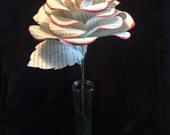 Large book page paper flowers with leaves and red painted tips, valentine flowers, anniversary gift, proposal gift, girlfriend