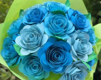 Bouquet de fleurs en papier : rosaces bleues faites main, décoration de chambre d'enfant