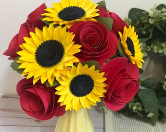 Bouquet de fleurs en papier, Tournesols en papier, Roses en papier, bouquet cadeau, fleurs de mariage, fleurs d'anniversaire