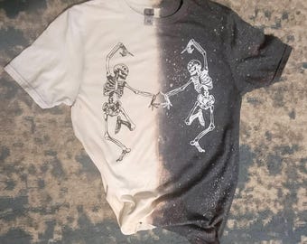 Halloween shirt Dancing skeleton bleached Tshirt Halloween shirt half bleached tee skeletons dancing skeleton tshirt scary tshirt