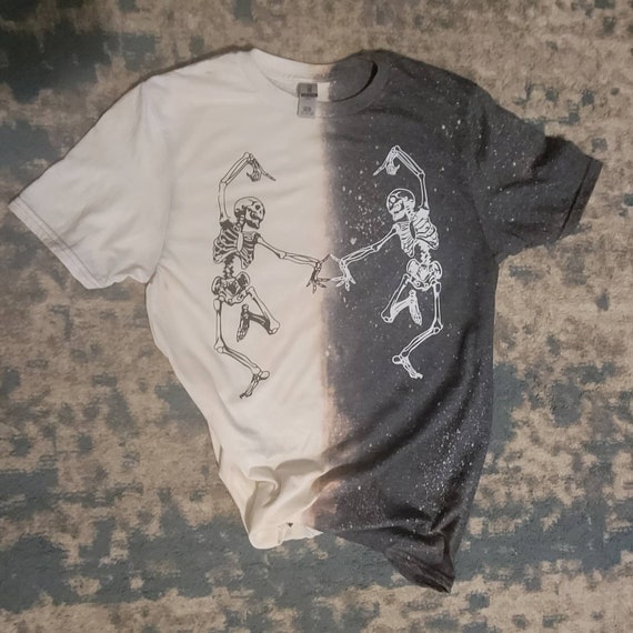 Dancing Skeleton Bleached Tshirt Halloween Shirt Half Bleached Tee