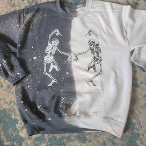 Dancing skeleton bleached sweatshirt crewneck half bleached skeleton sweatshirt Halloween sweatshirt