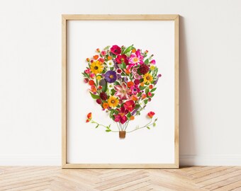 Hot Air Balloon Wall Art Nursery Decor Printable Kids Room Decoration Hot Air Balloon Wall Art Baby Shower Gift Hot Pink Flowers