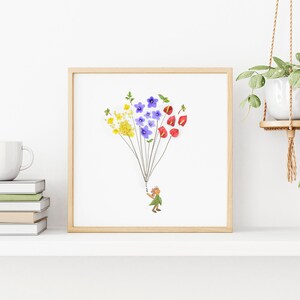 May include: A framed print of a whimsical illustration featuring a small figure holding a bunch of colorful pressed flowers, resembling a hot air balloon.