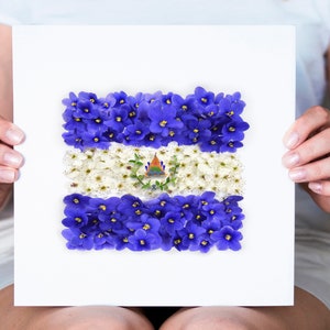 May include: A white card with a blue and white flower arrangement depicting the flag of El Salvador. The card is being held by a person's hands.