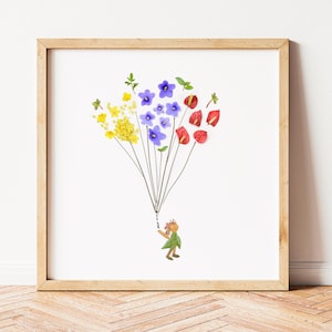 May include: A framed art print featuring a whimsical illustration of a person holding a bouquet of colorful flowers, including yellow, blue, and red.
