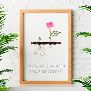 Op de afbeelding: Een ingelijst print met een witte achtergrond waarop een roze bloem en twee groene bladeren te zien zijn die uit de grond groeien. De wortels van de planten zijn zichtbaar onder de grond. De tekst "Everyone's growth looks different" is onder de afbeelding gedrukt.