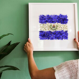 May include: A white picture frame with a white mat and a blue and white flower arrangement inside. The flower arrangement is in the shape of the flag of El Salvador. A person is hanging the picture frame on a green wall.