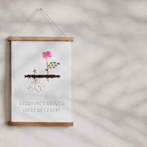 Op de afbeelding: Een ingelijst print met een roze bloem, groene bladeren en bruine wortels die uit de grond groeien. De tekst "Everyone's growth looks different" is onder de afbeelding gedrukt.