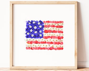 American flag wall art, Patriotic decor, USA Flag, stars and stripes, American flag with flowers, red white and blue, America