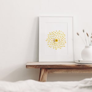 yellow wall art in leaning on wooden furniture