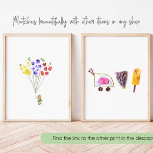 May include: Two framed prints with floral designs. The first print features a person holding a bunch of colorful flowers, while the second print features a small wagon, a flower, and a popsicle, all made of pressed flowers.