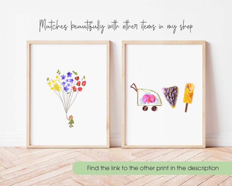 May include: Two framed prints with floral designs. The first print features a person holding a bunch of colorful flowers, while the second print features a small wagon, a flower, and a popsicle, all made of pressed flowers.