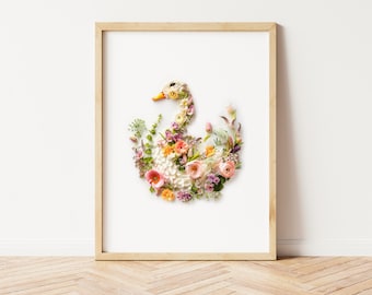 Duck print, goose wall art, swan print, botanical poster made with flowers and leaves, duck wall art, nursery wall art