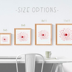 May include: A white wall with a framed print of a pink flower with a red center. The print is shown in five different sizes: 5x5 inches, 8x8 inches, 8x11 inches, 11x11 inches. The text "SIZE OPTIONS" is written above the prints.