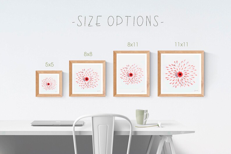 May include: A white wall with a framed print of a pink flower with a red center. The print is shown in five different sizes: 5x5 inches, 8x8 inches, 8x11 inches, 11x11 inches. The text "SIZE OPTIONS" is written above the prints.