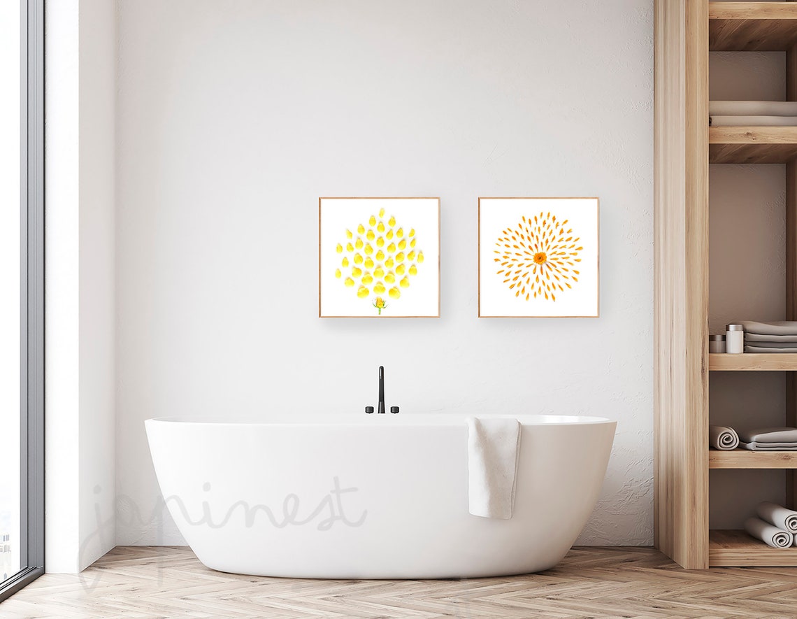 Bathroom wall decor Floral yellow wall art Bathroom Prints | Etsy