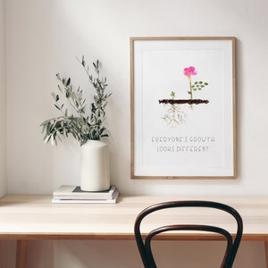 Op de afbeelding: Een ingelijst print met een roze bloem en groene bladeren die uit de grond groeien. De tekst "Everyone's growth looks different" is onder de afbeelding gedrukt.